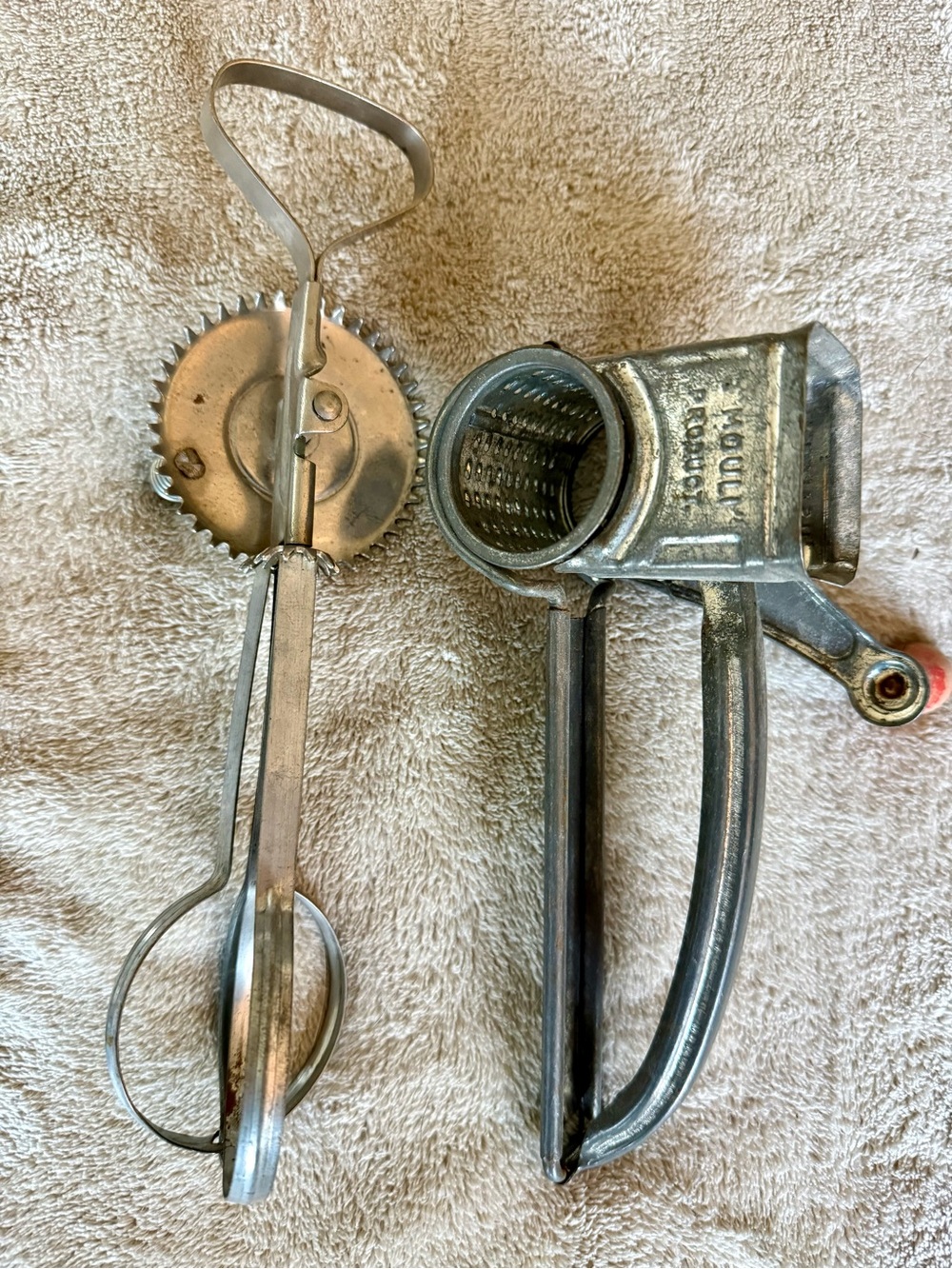 Vintage Kitchen Utensil Set with Mouli Cheese Grater and Hand Mixer